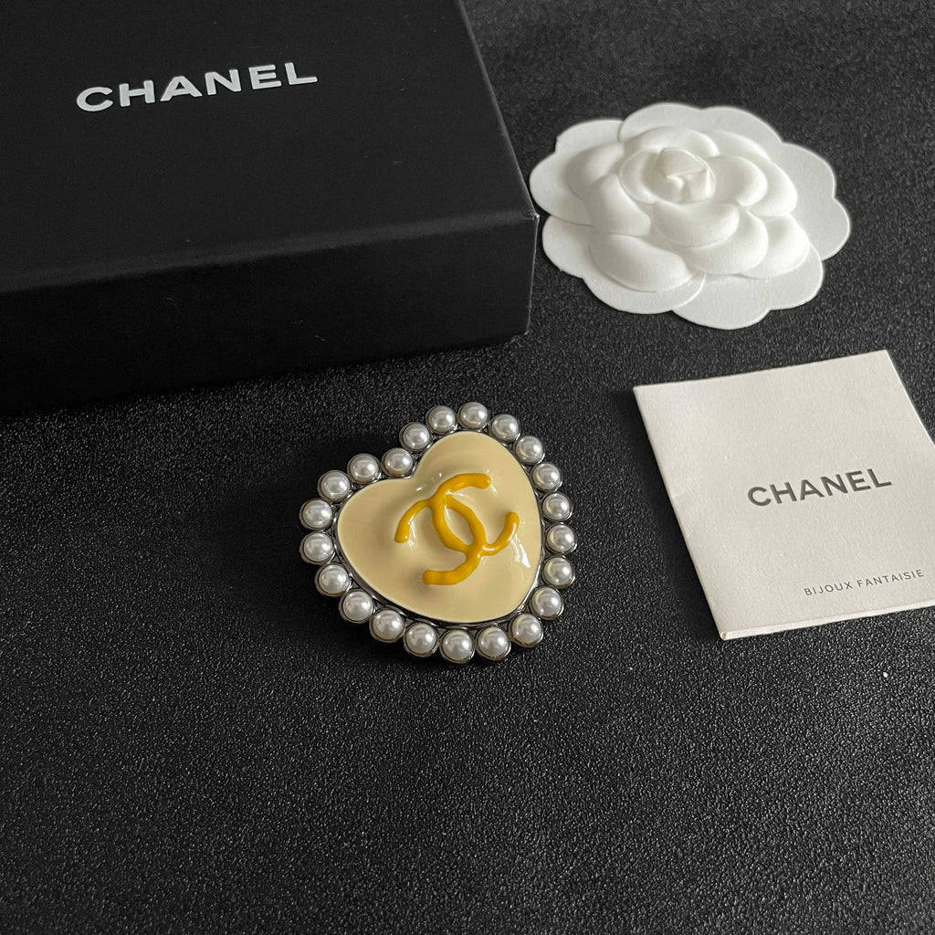 Double-C Emblem Brooch in Polished Metal-Tone – Pearl Detail – Design 006 styled product view
