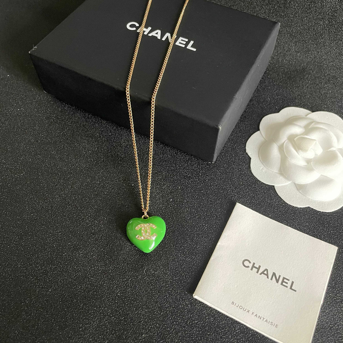 Double-C Emblem Crystal-Accent Pendant Necklace – Heart Detail – Design 004 close-up detail