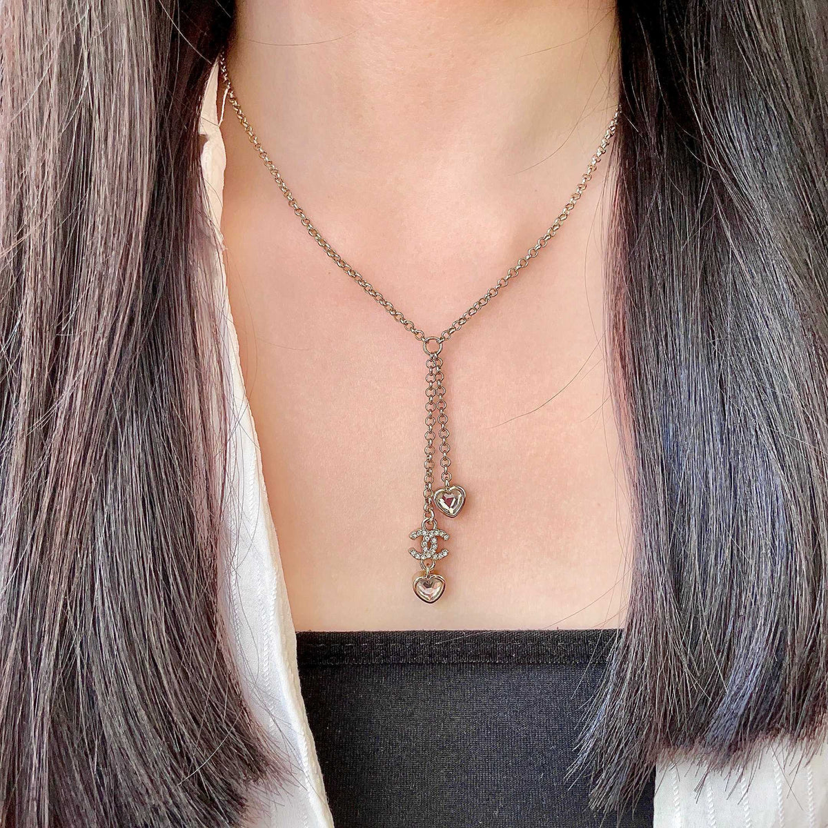 Double-C Emblem Crystal-Accent Pendant Necklace – Heart Detail – Design 003 detail view
