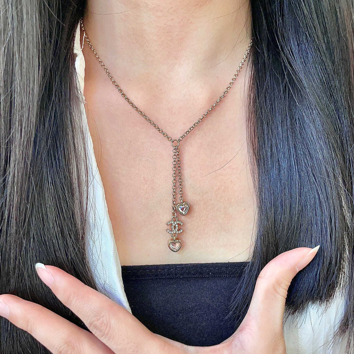 Double-C Emblem Crystal-Accent Pendant Necklace – Heart Detail – Design 005 front product view