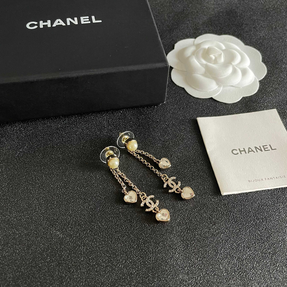 Double-C Emblem Crystal-Accent Statement Earrings – Heart Detail styled product view