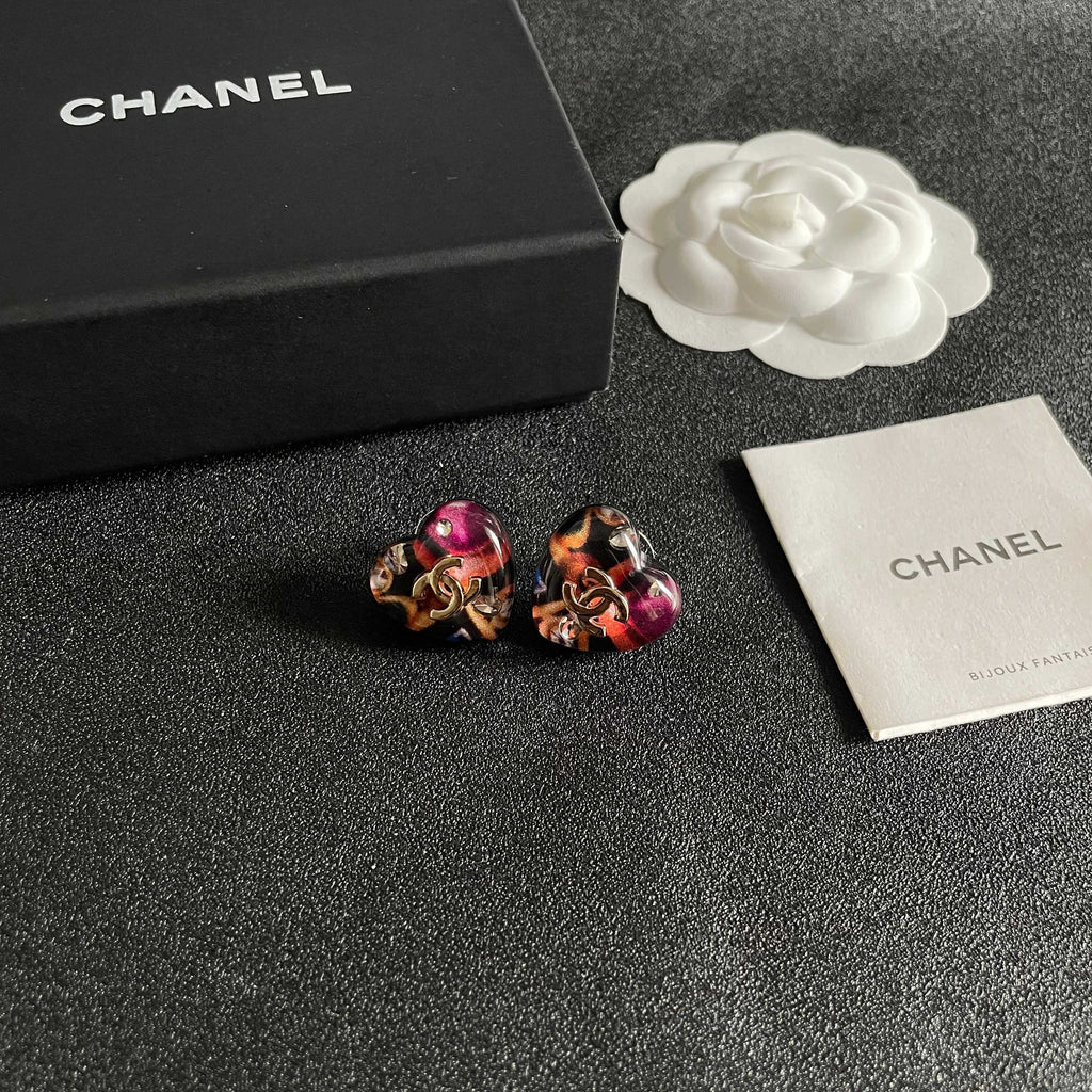Double-C Emblem Stud Earrings in Polished Metal-Tone – Heart Detail – Design 007 styled product view