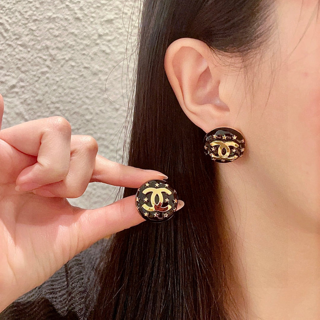 Double-C Emblem Stud Earrings in Polished Metal-Tone – Star Detail – Design 014 main product view