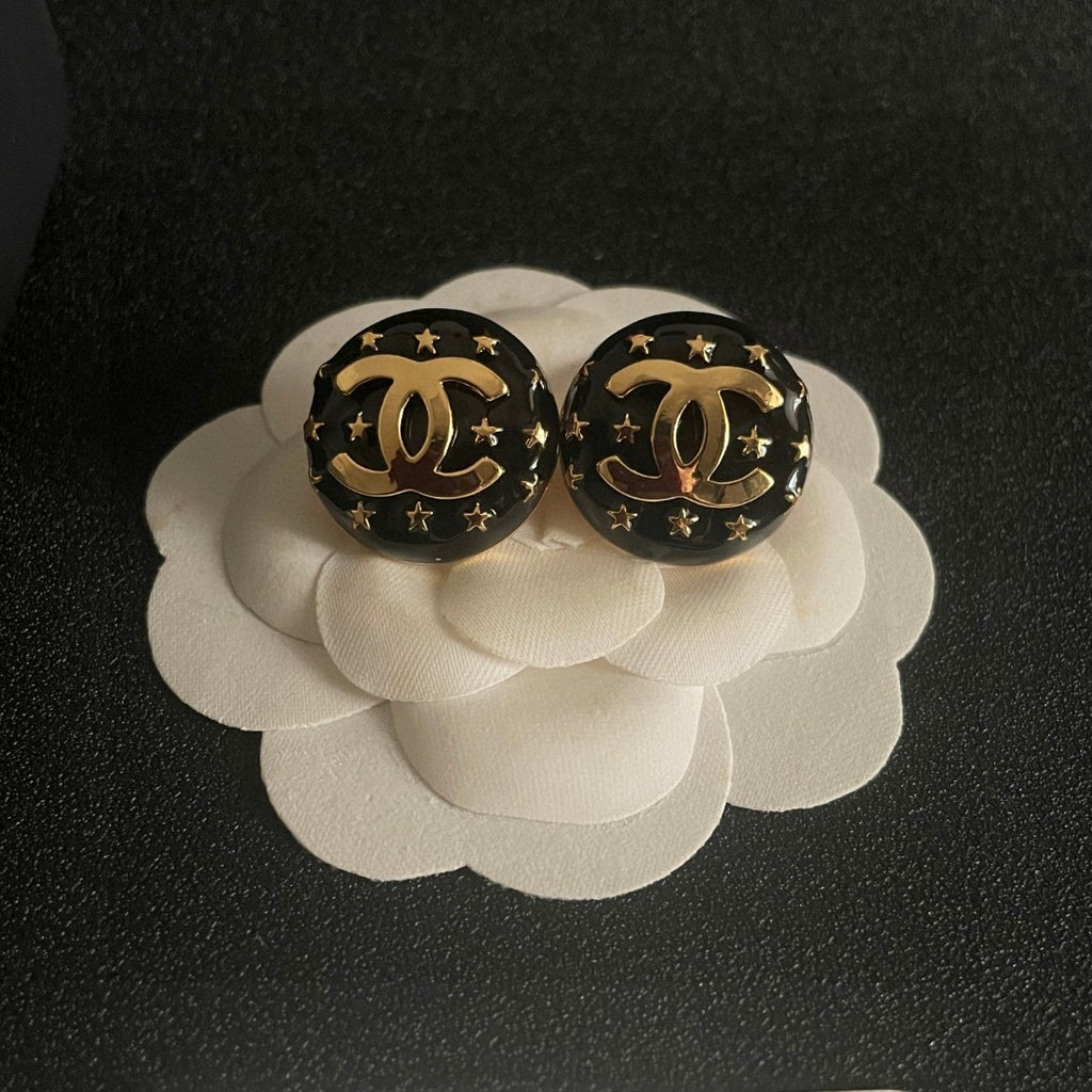 Double-C Emblem Stud Earrings in Polished Metal-Tone – Star Detail – Design 014 front product view