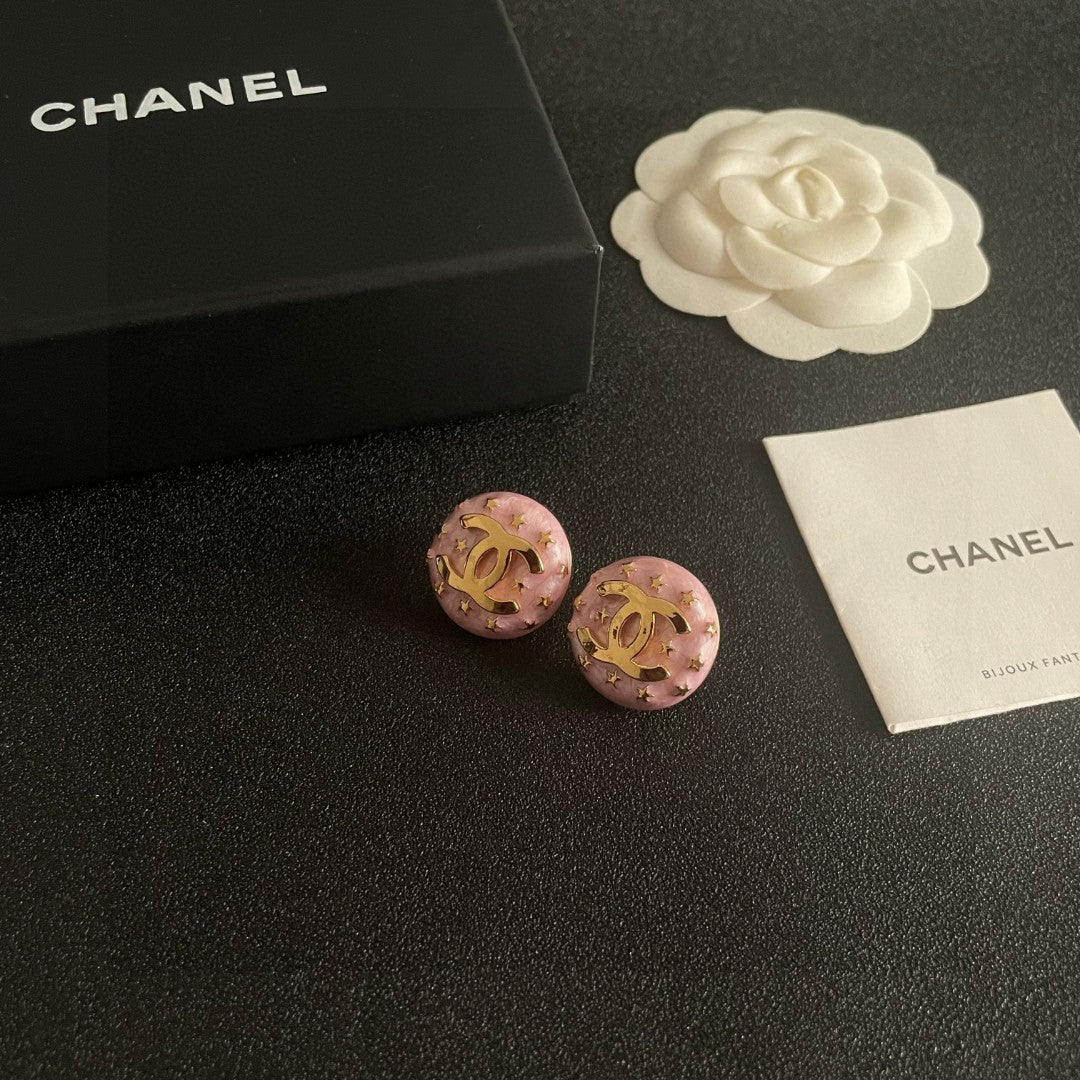 Double-C Emblem Stud Earrings in Polished Metal-Tone – Star Detail – Design 016 styled product view