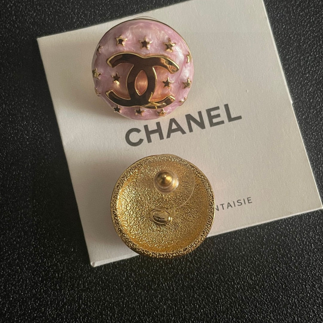 Double-C Emblem Stud Earrings in Polished Metal-Tone – Star Detail – Design 016 main product view
