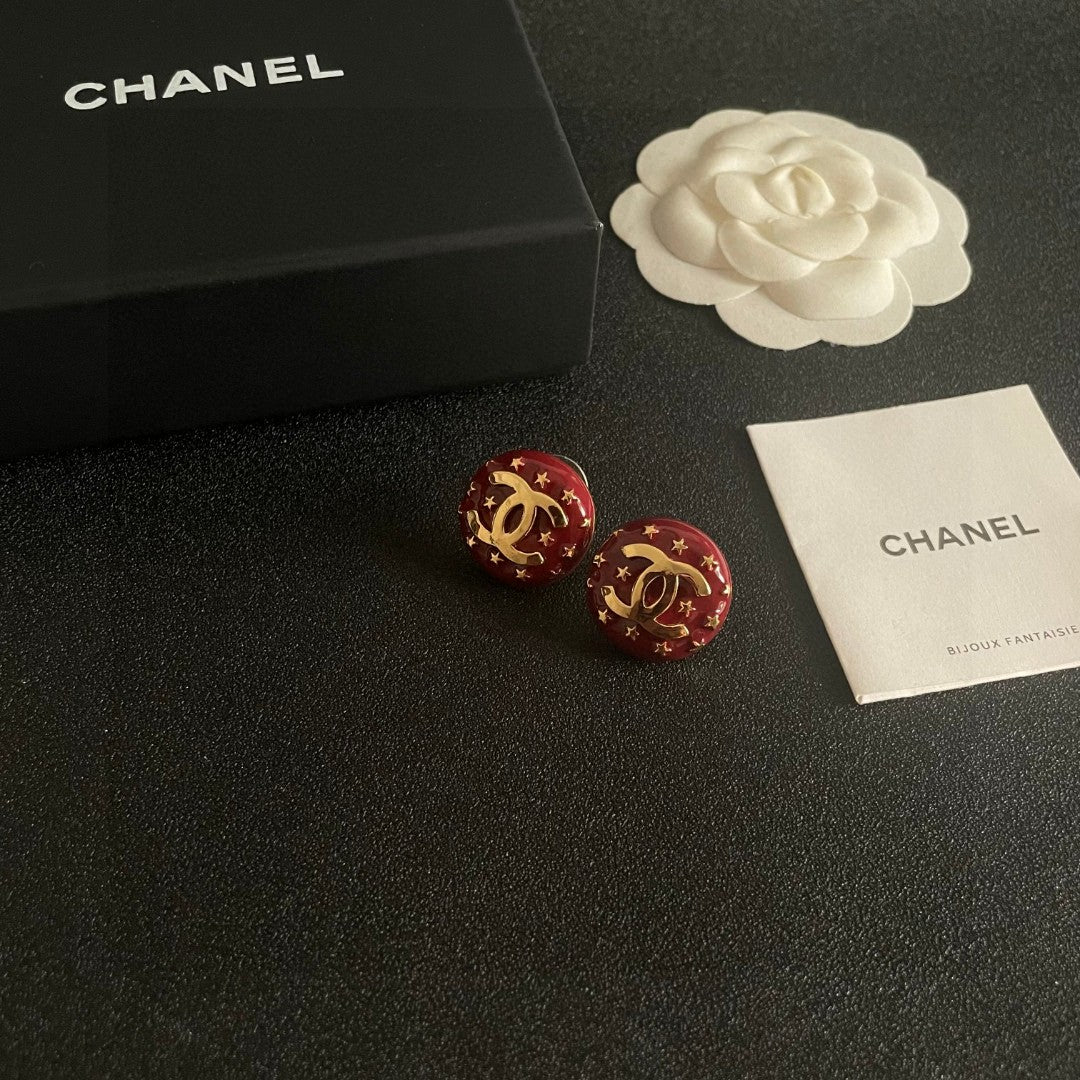 Double-C Emblem Stud Earrings in Polished Metal-Tone – Star Detail – Design 011 styled product view