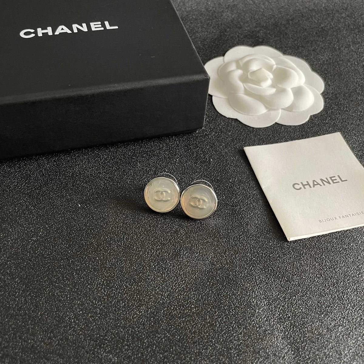 Double-C Emblem Stud Earrings in Polished Metal-Tone – Design 275 styled product view