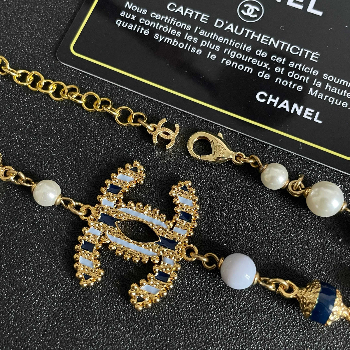 Double-C Emblem Pearl-Detail Pendant Necklace – Pearl Detail – Design 068 front product view