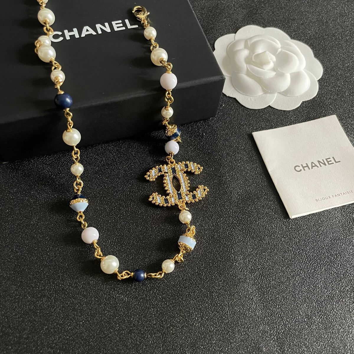 Double-C Emblem Pearl-Detail Pendant Necklace – Pearl Detail – Design 069 main product view