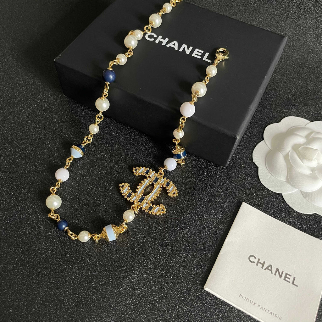 Double-C Emblem Pearl-Detail Pendant Necklace – Pearl Detail – Design 069 styled product view