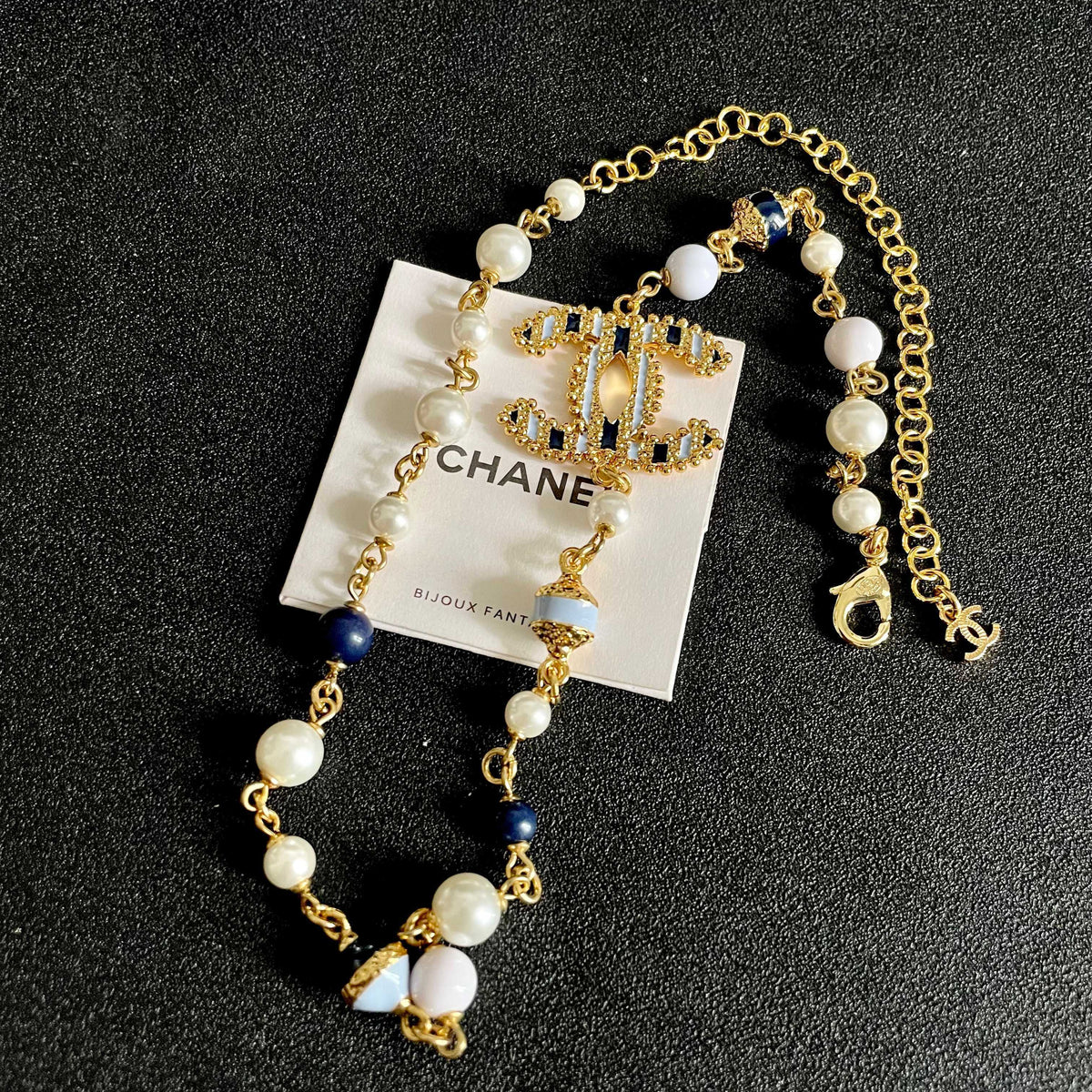 Double-C Emblem Pearl-Detail Pendant Necklace – Pearl Detail – Design 069 side detail