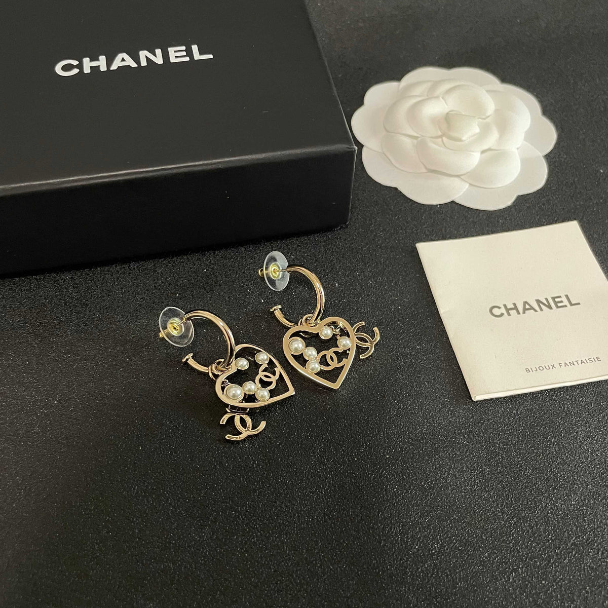 Double-C Emblem Stud Earrings in Polished Metal-Tone – Heart Detail – Design 009 styled product view