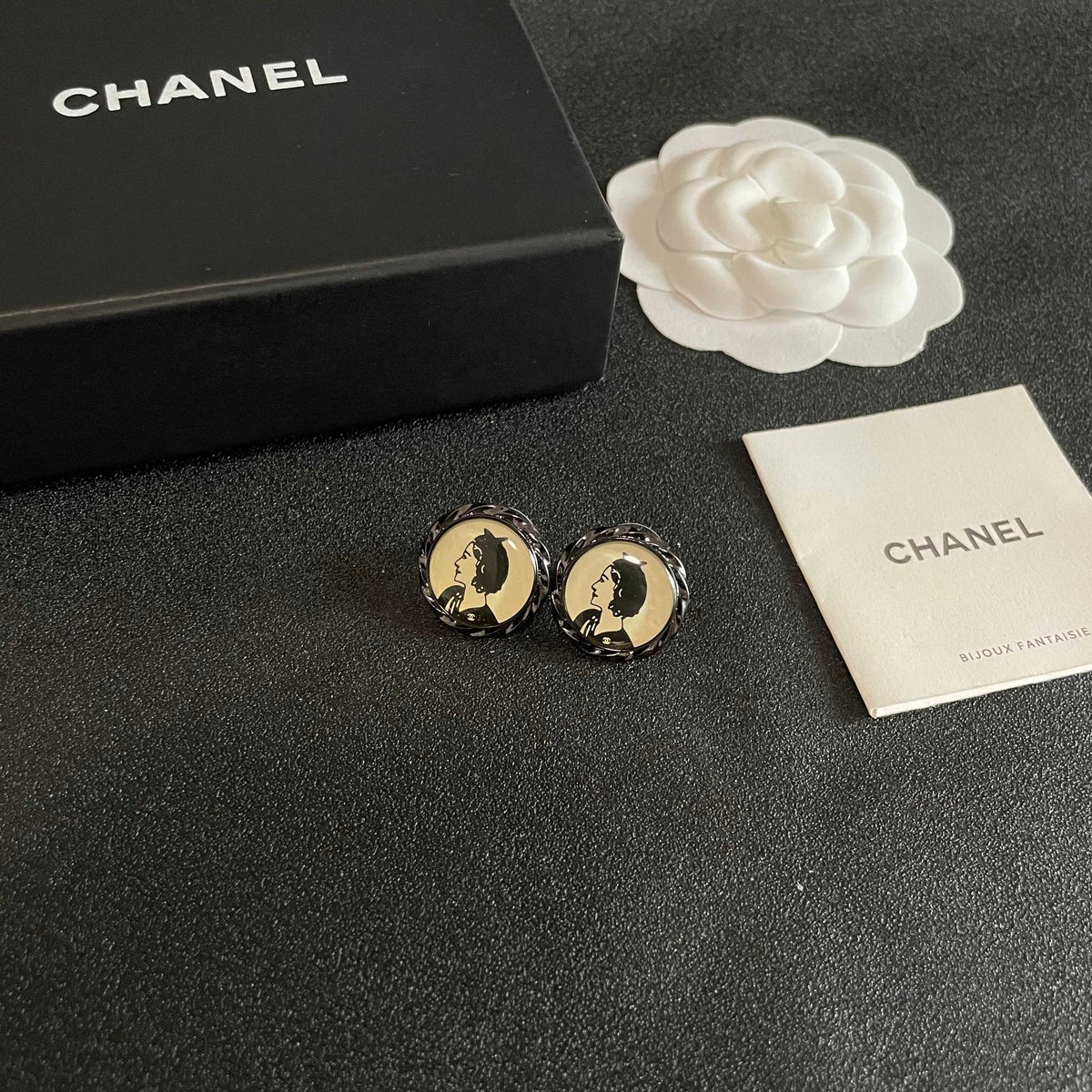 Double-C Emblem Stud Earrings in Polished Metal-Tone – Design 267 styled product view