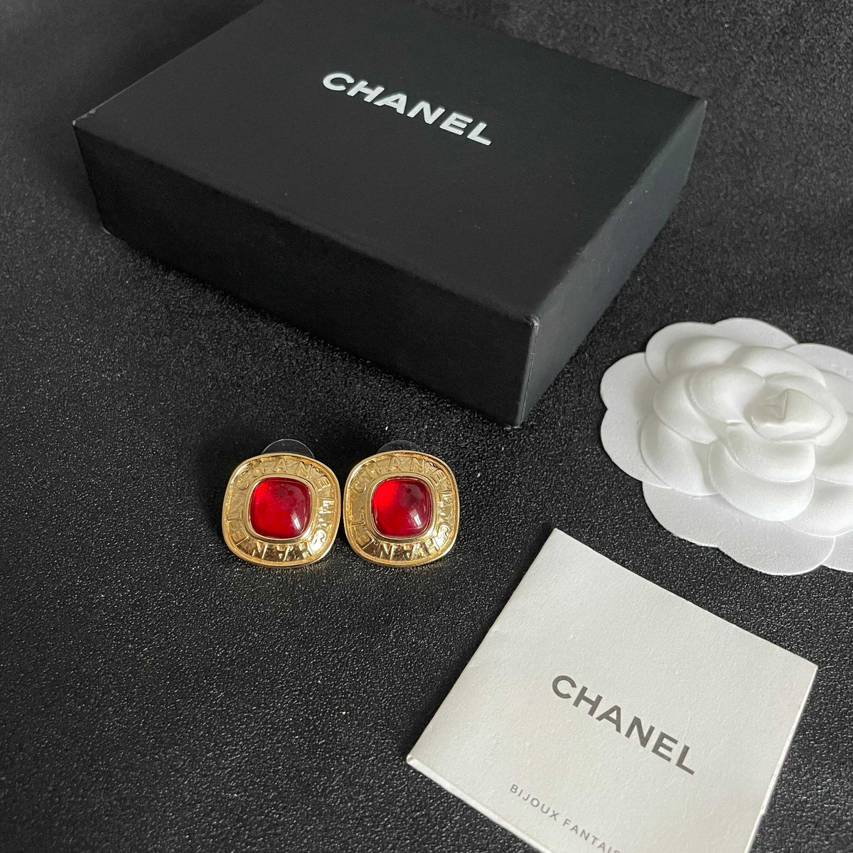 Double-C Emblem Stud Earrings in Polished Metal-Tone – Design 266 close-up detail