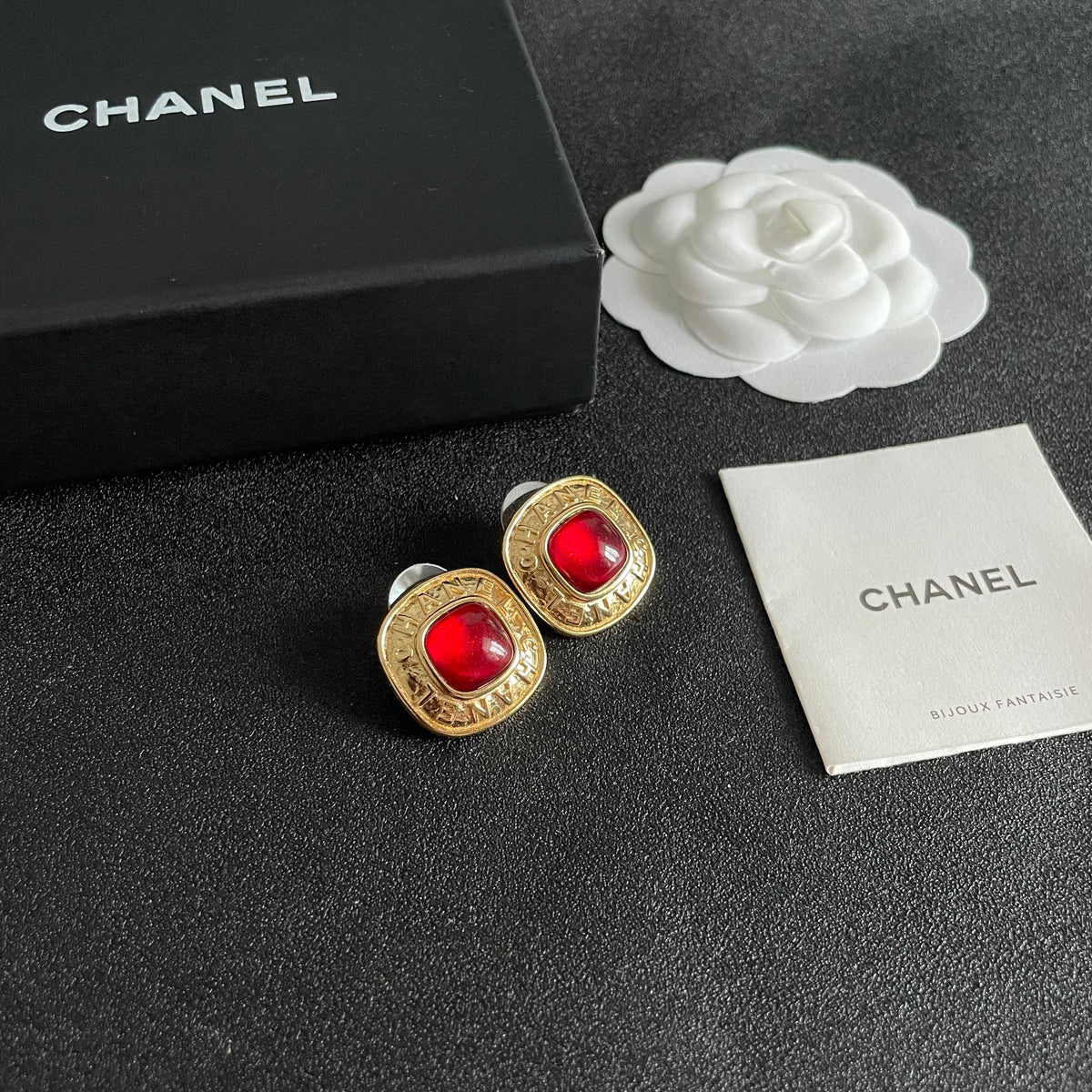 Double-C Emblem Stud Earrings in Polished Metal-Tone – Design 266 styled product view