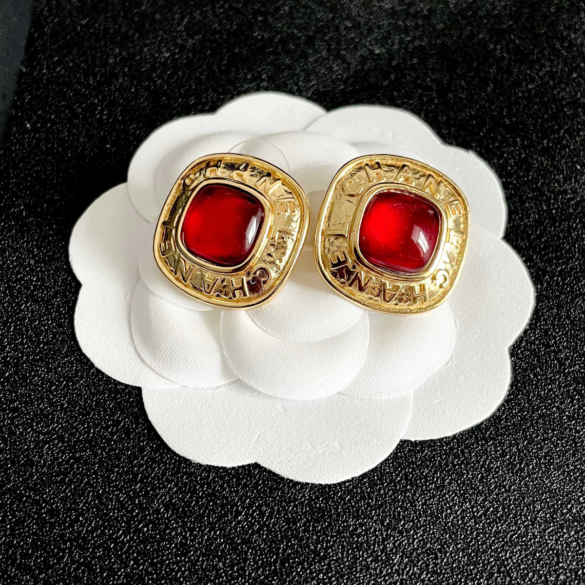 Double-C Emblem Stud Earrings in Polished Metal-Tone – Design 266 front product view