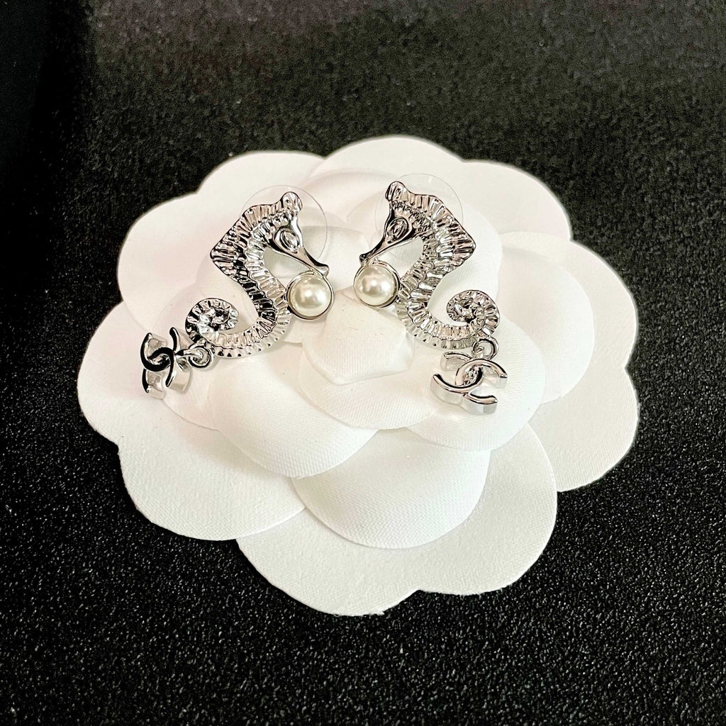 Double-C Emblem Pearl-Detail Statement Earrings – Pearl Detail – Design 017 front product view