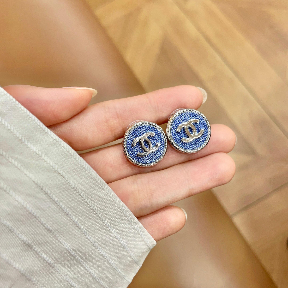 Signature Emblem Stud Earrings in Polished Metal-Tone – Design 041 side detail