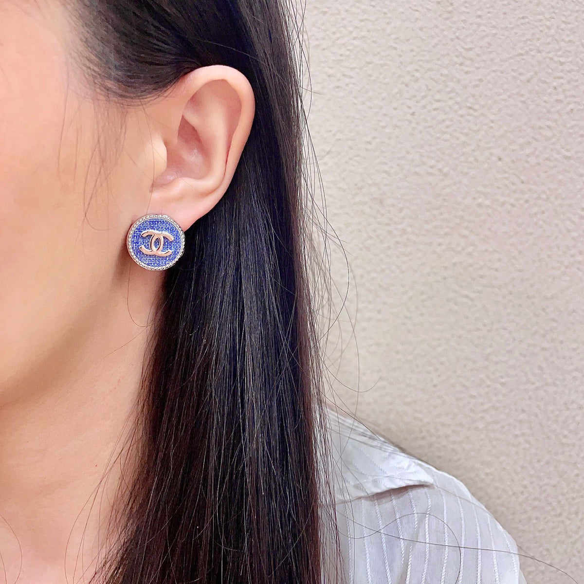 Signature Emblem Stud Earrings in Polished Metal-Tone – Design 041 detail view