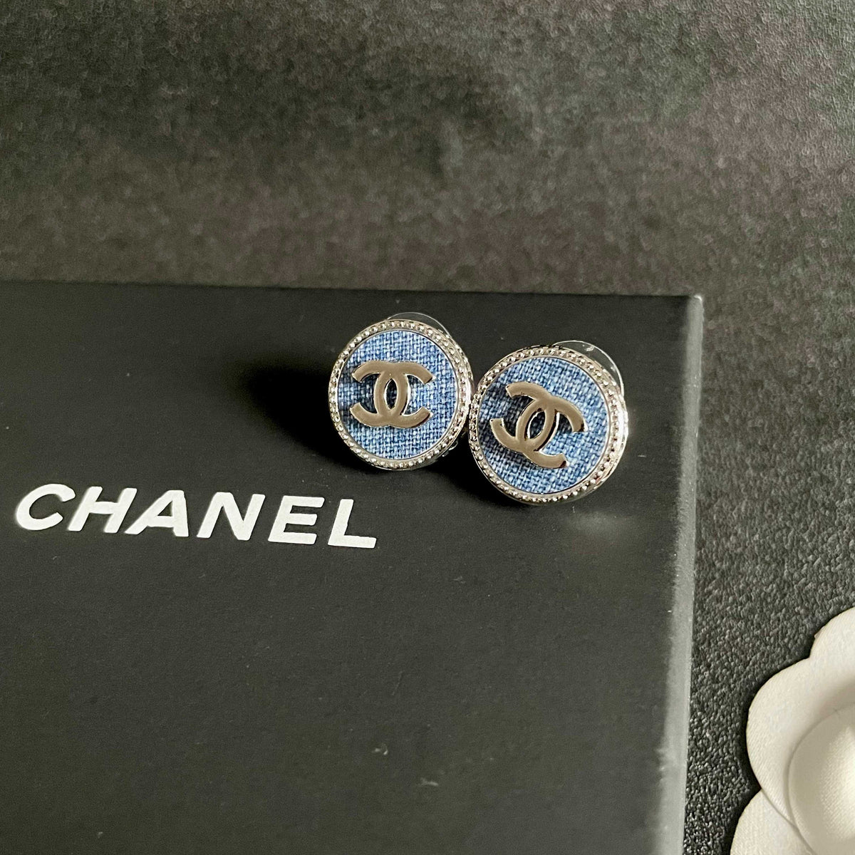 Signature Emblem Stud Earrings in Polished Metal-Tone – Design 041 detail view