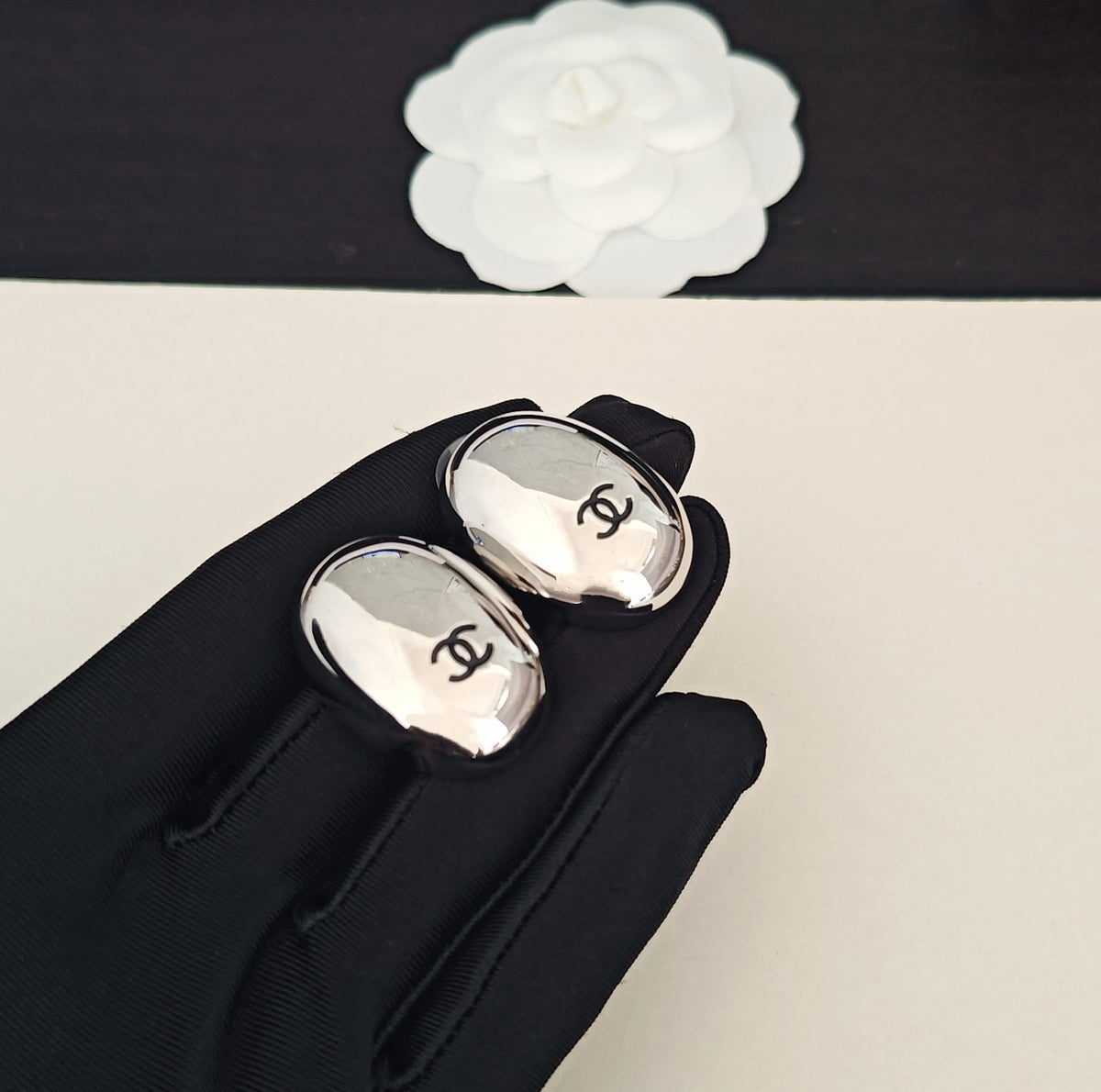Signature Emblem Stud Earrings in Gold-Tone – White Detail – Design 006 main product view