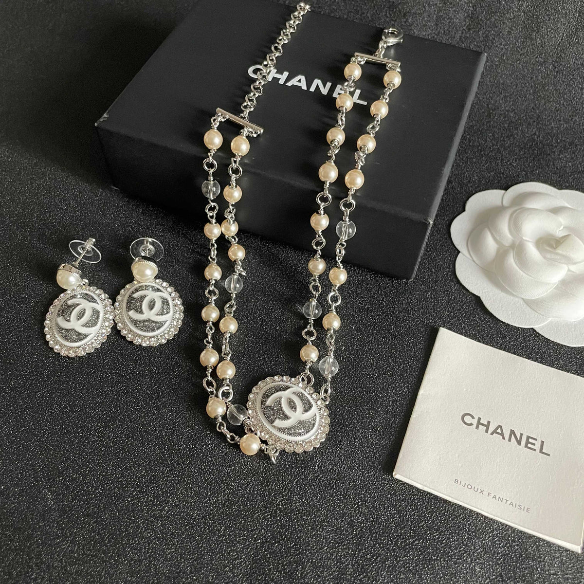 Double-C Emblem Pearl-Detail Statement Earrings – Pearl Detail – Design 015 side detail