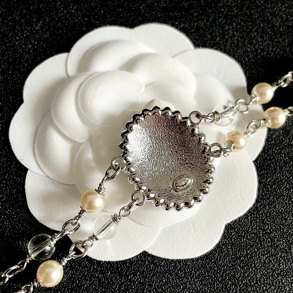 Double-C Emblem Pearl-Detail Pendant Necklace – Pearl Detail – Design 067 front product view