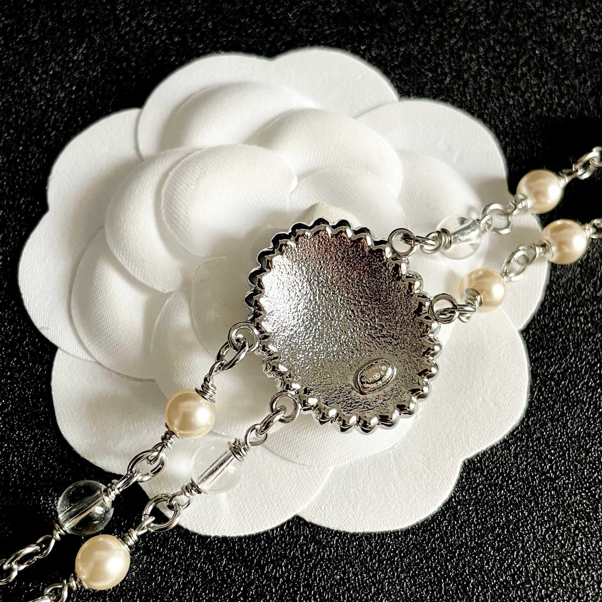 Double-C Emblem Pearl-Detail Pendant Necklace – Pearl Detail – Design 095 front product view