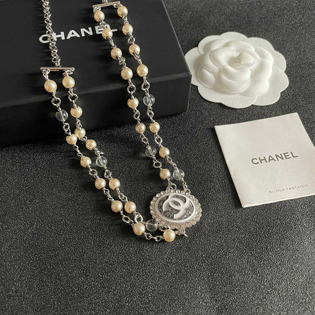 Double-C Emblem Pearl-Detail Pendant Necklace – Pearl Detail – Design 067 styled product view