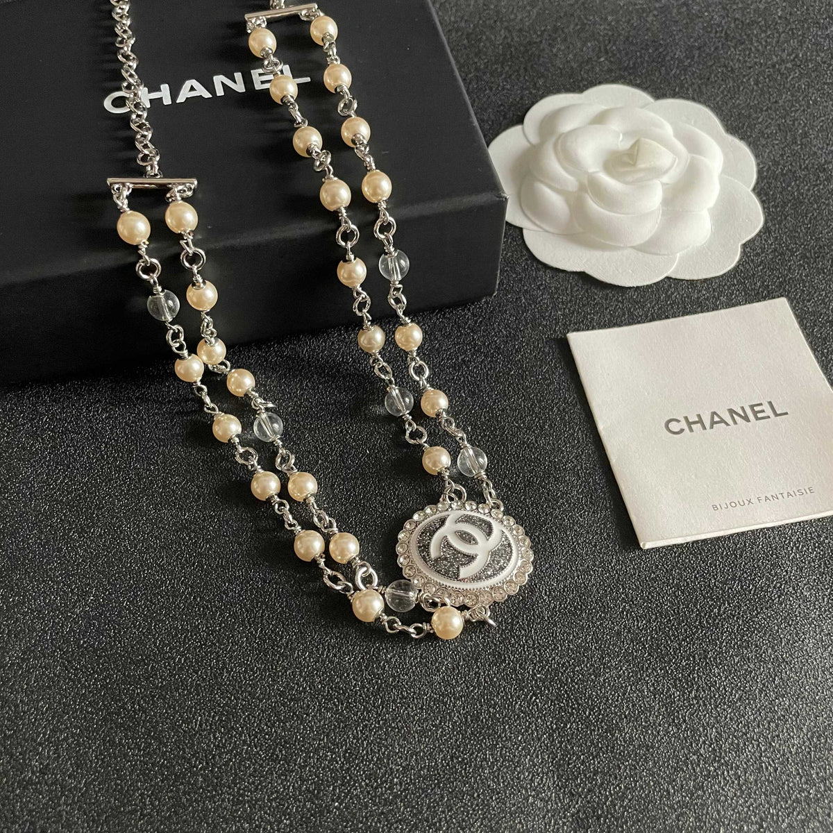 Double-C Emblem Pearl-Detail Pendant Necklace – Pearl Detail – Design 095 styled product view