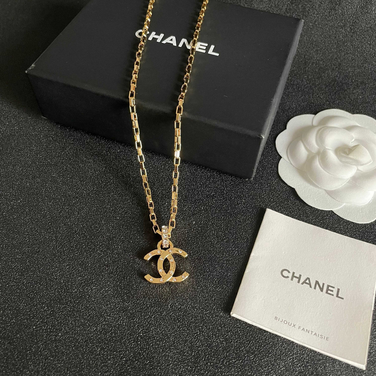 Double-C Emblem Crystal-Accent Pendant Necklace – Design 033 close-up detail