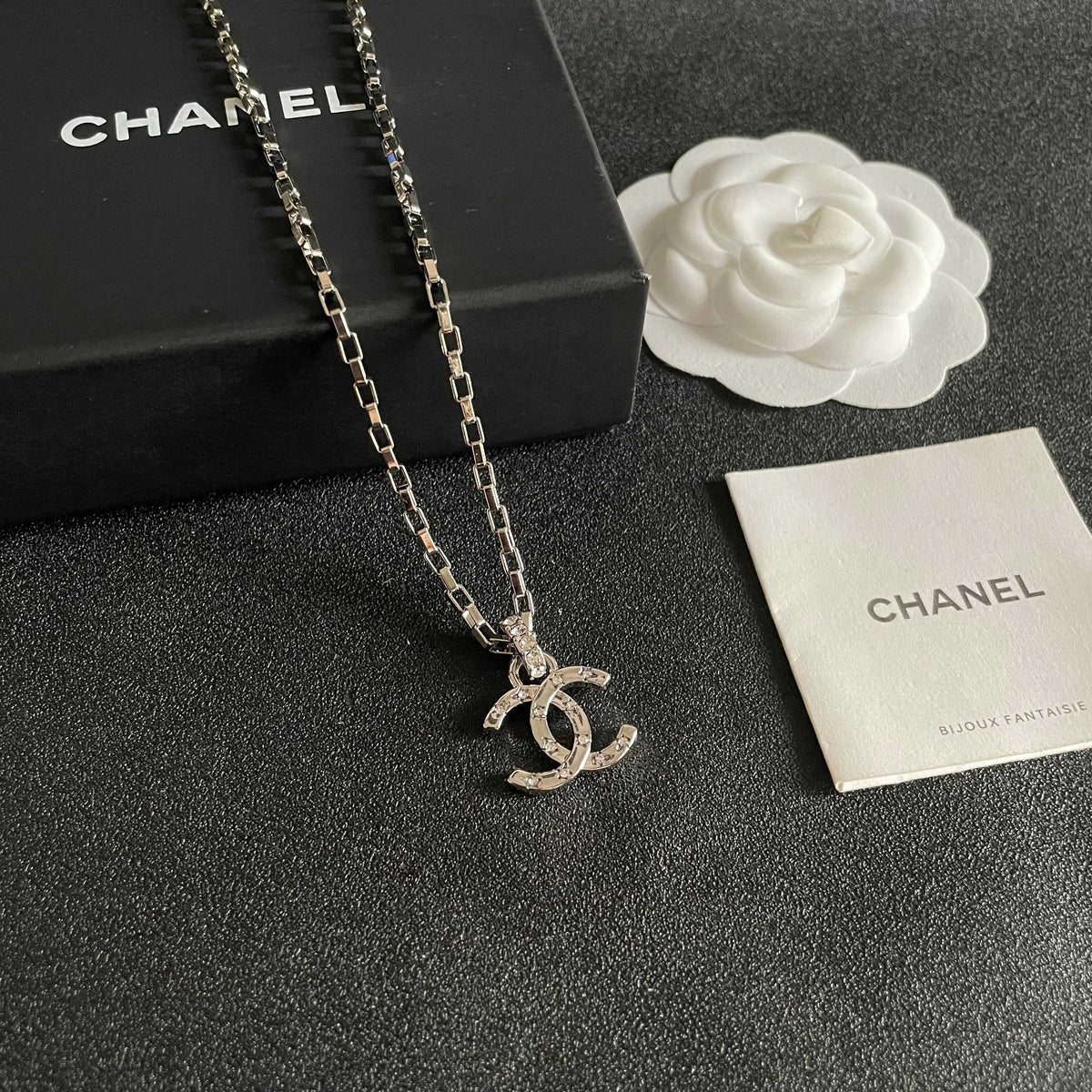 Double-C Emblem Crystal-Accent Pendant Necklace – Design 032 styled product view