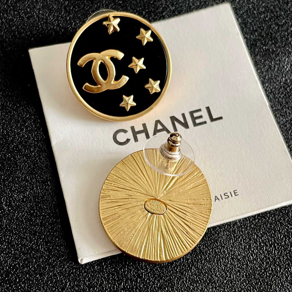 Double-C Emblem Stud Earrings in Polished Metal-Tone – Star Detail – Design 015 main product view