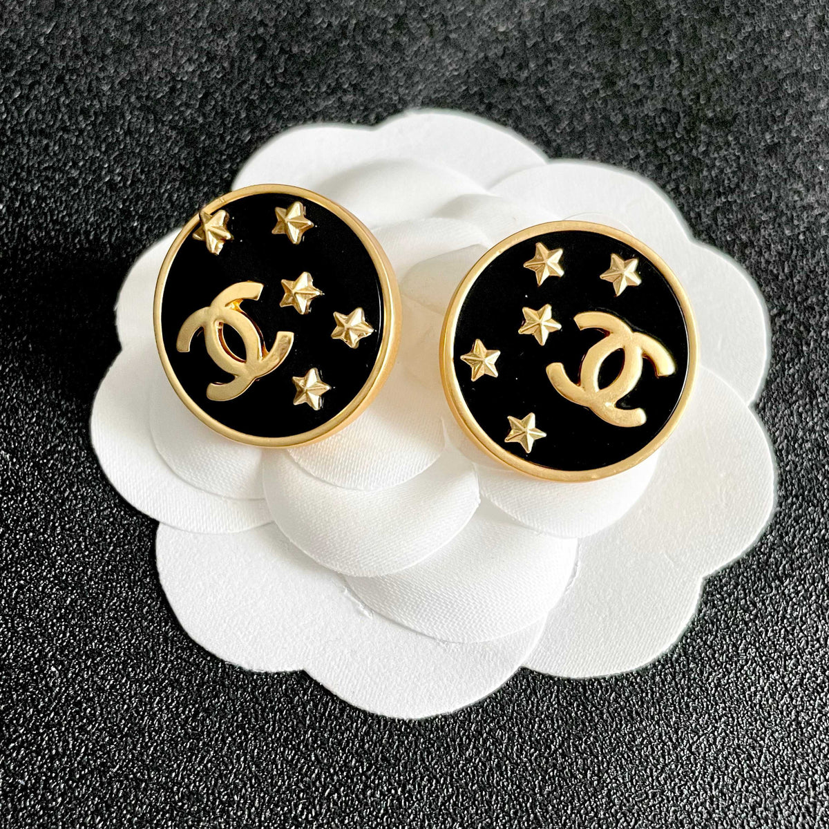 Double-C Emblem Stud Earrings in Polished Metal-Tone – Star Detail – Design 015 front product view