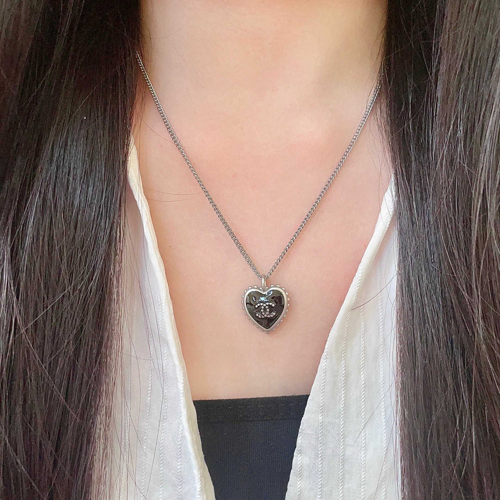 Double-C Emblem Pendant Necklace in Polished Metal-Tone – Heart Detail – Design 003 detail view