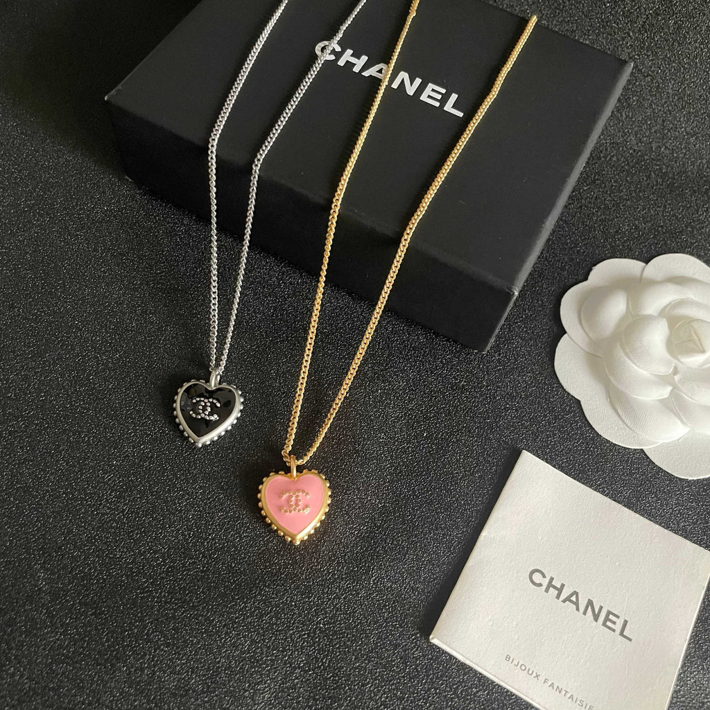 Double-C Emblem Pendant Necklace in Polished Metal-Tone – Heart Detail – Design 005 side detail