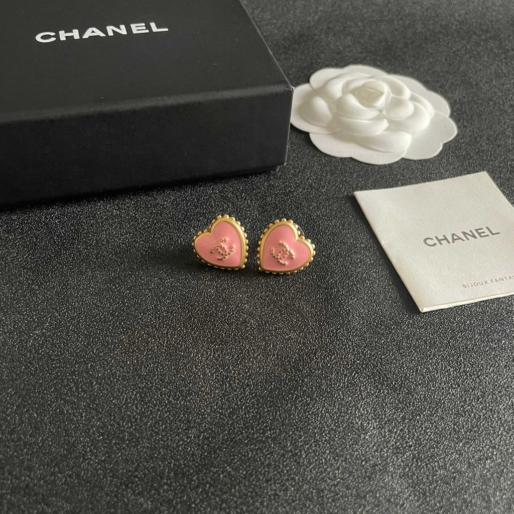 Double-C Emblem Stud Earrings in Polished Metal-Tone – Heart Detail – Design 011 styled product view