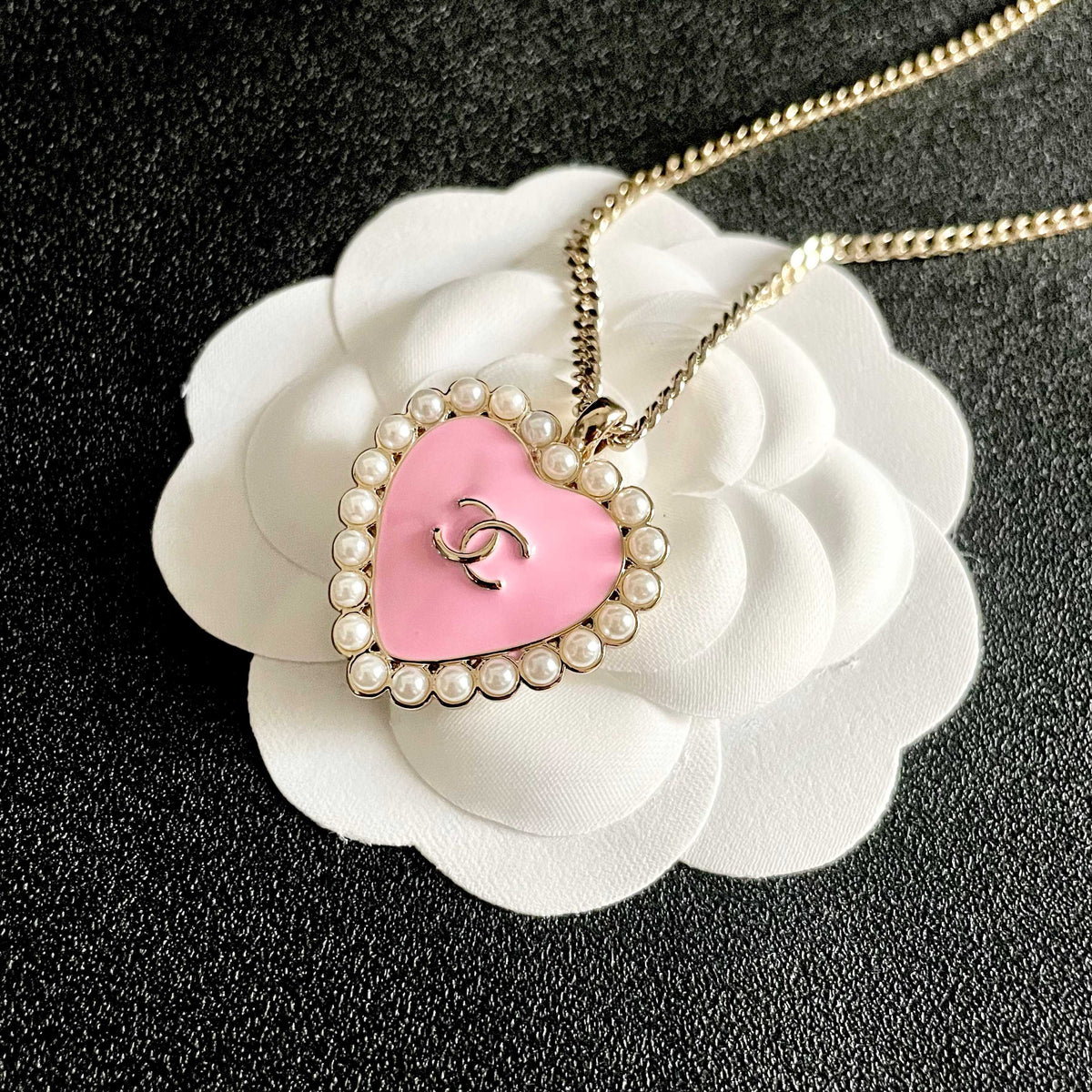 Double-C Emblem Pearl-Detail Pendant Necklace – Pearl Detail – Design 094 front product view