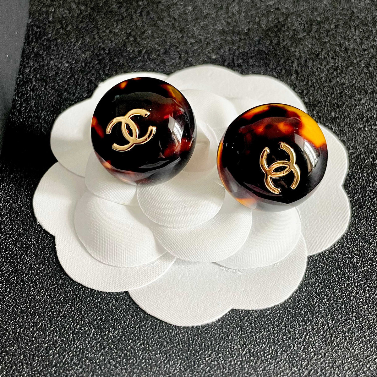 Double-C Emblem Stud Earrings in Polished Metal-Tone – Design 333 front product view