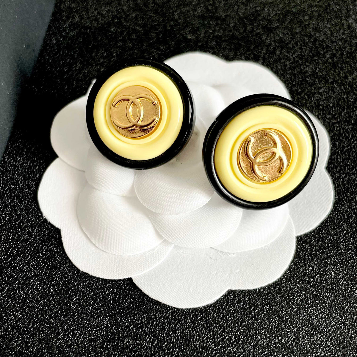 Double-C Emblem Stud Earrings in Polished Metal-Tone – Design 332 front product view