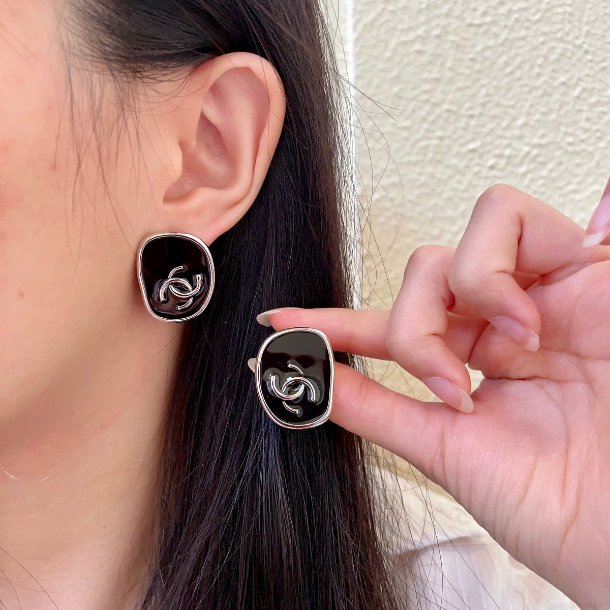 Double-C Emblem Stud Earrings in Polished Metal-Tone – Design 331 main product view