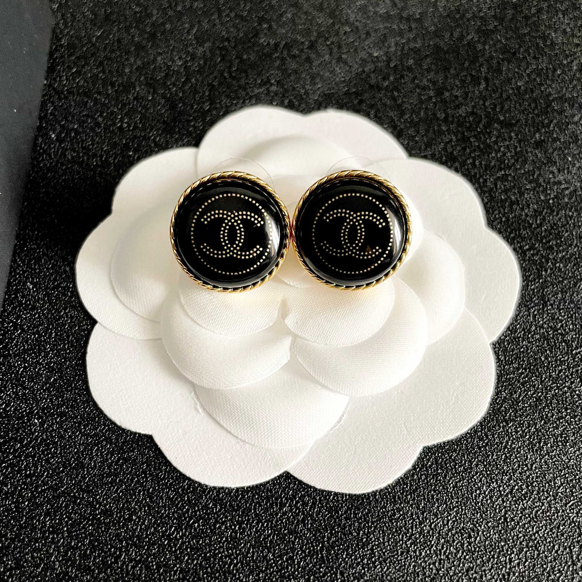 Double-C Emblem Stud Earrings in Polished Metal-Tone – Design 330 front product view