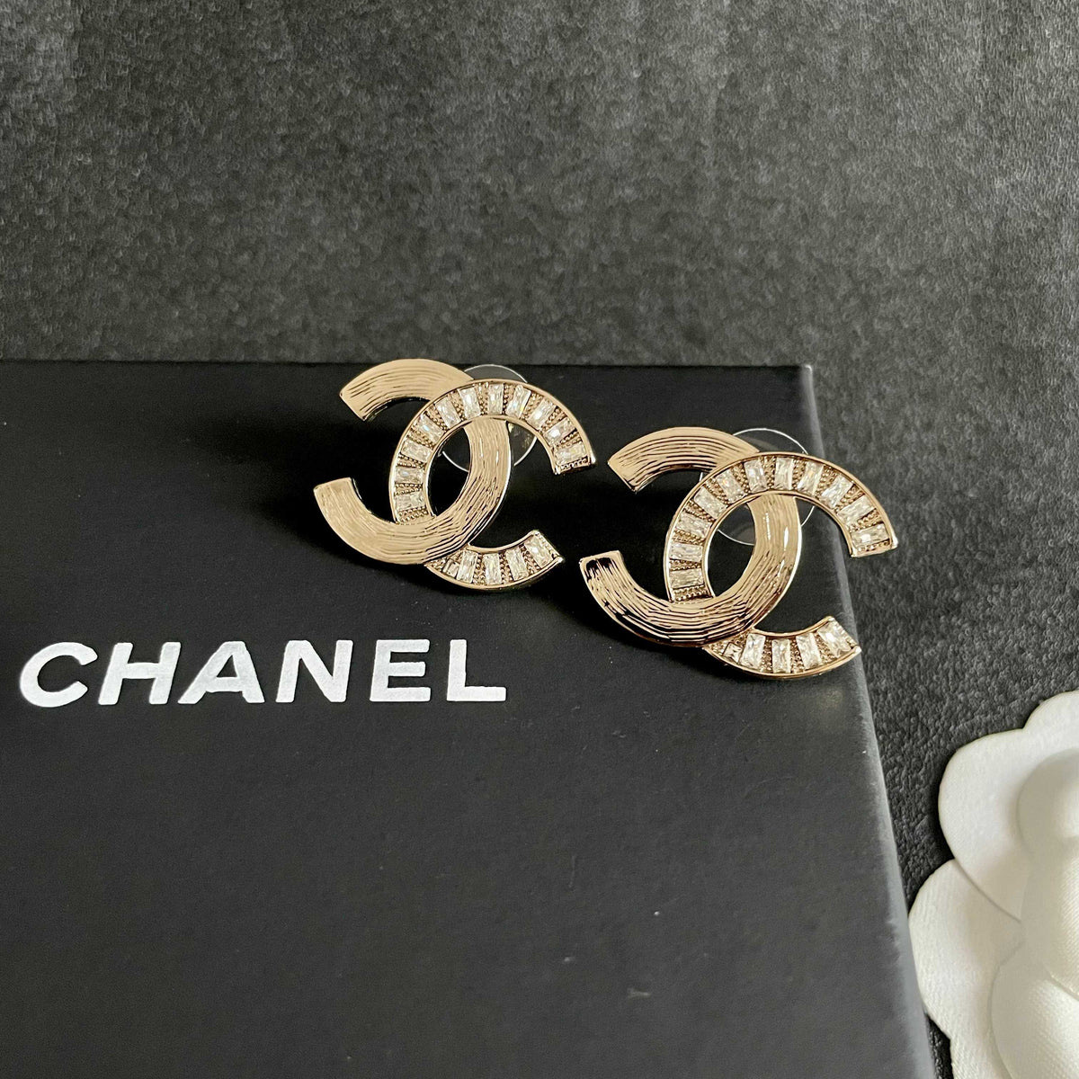 Signature Emblem Stud Earrings in Polished Metal-Tone – Design 079 detail view