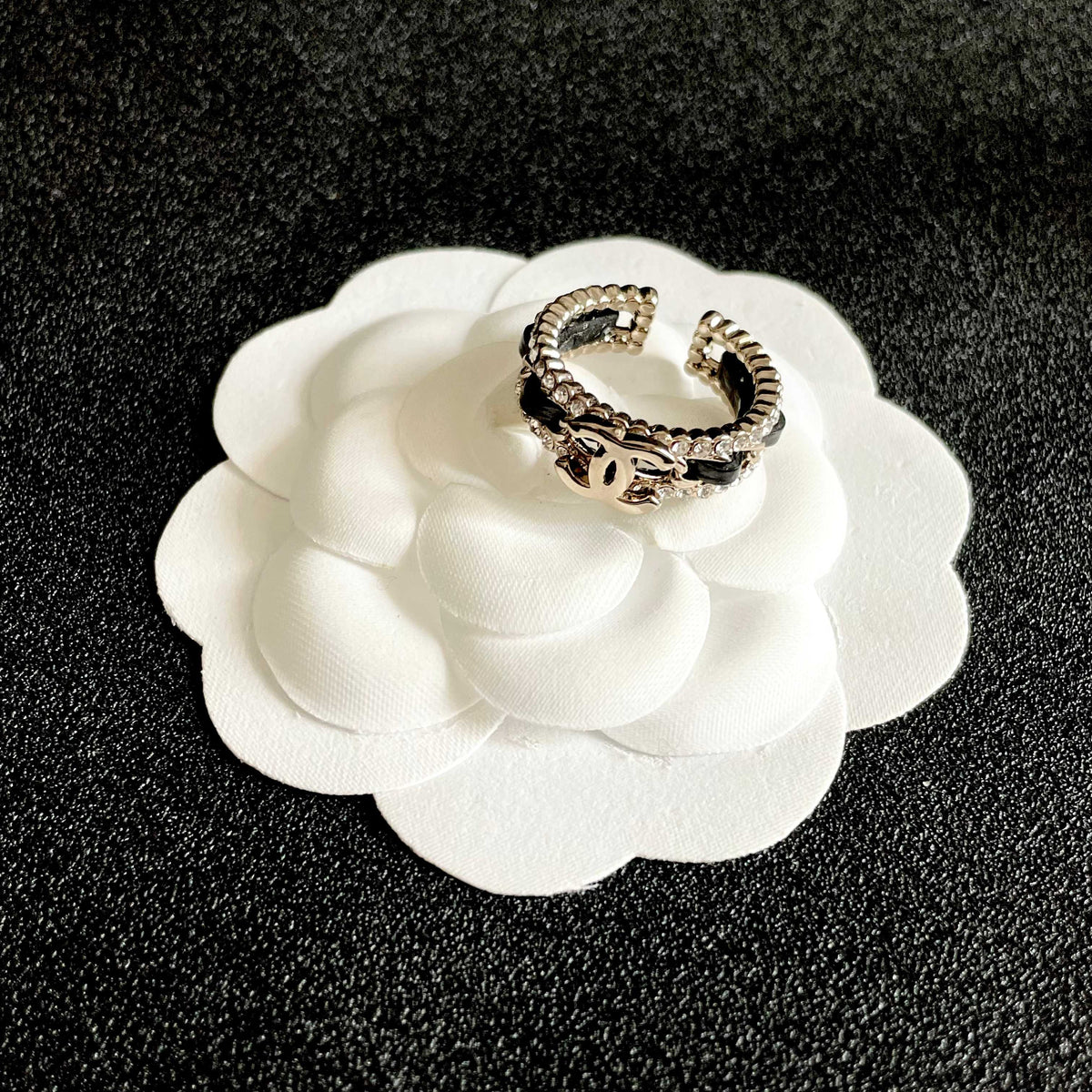 Double-C Emblem Statement Ring in Polished Metal-Tone – White Detail – Design 003 front product view