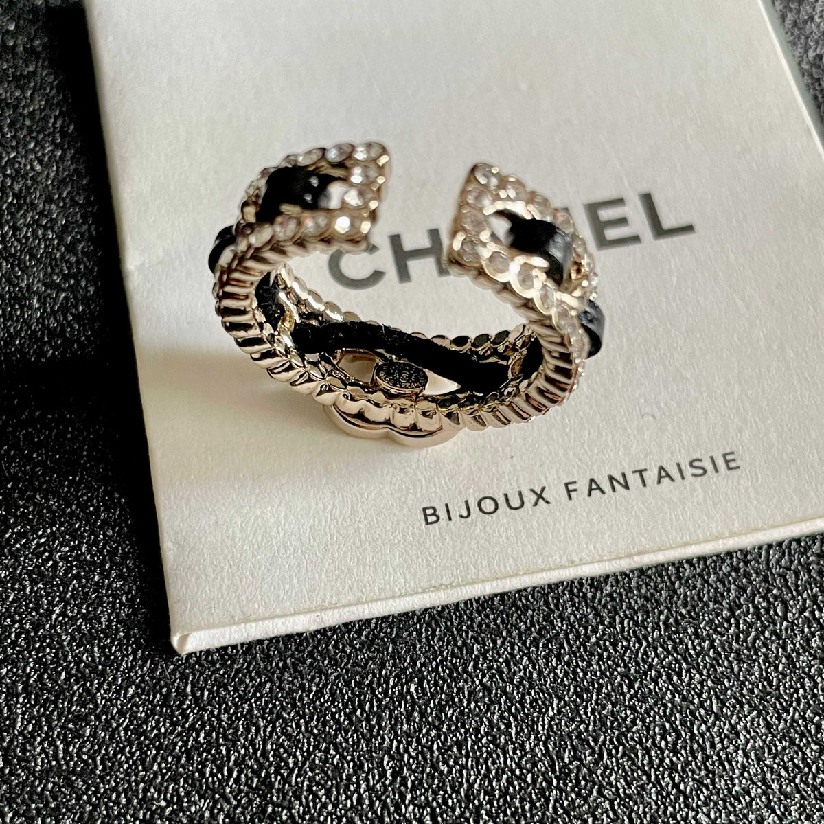 Double-C Emblem Statement Ring in Polished Metal-Tone – White Detail – Design 003 main product view