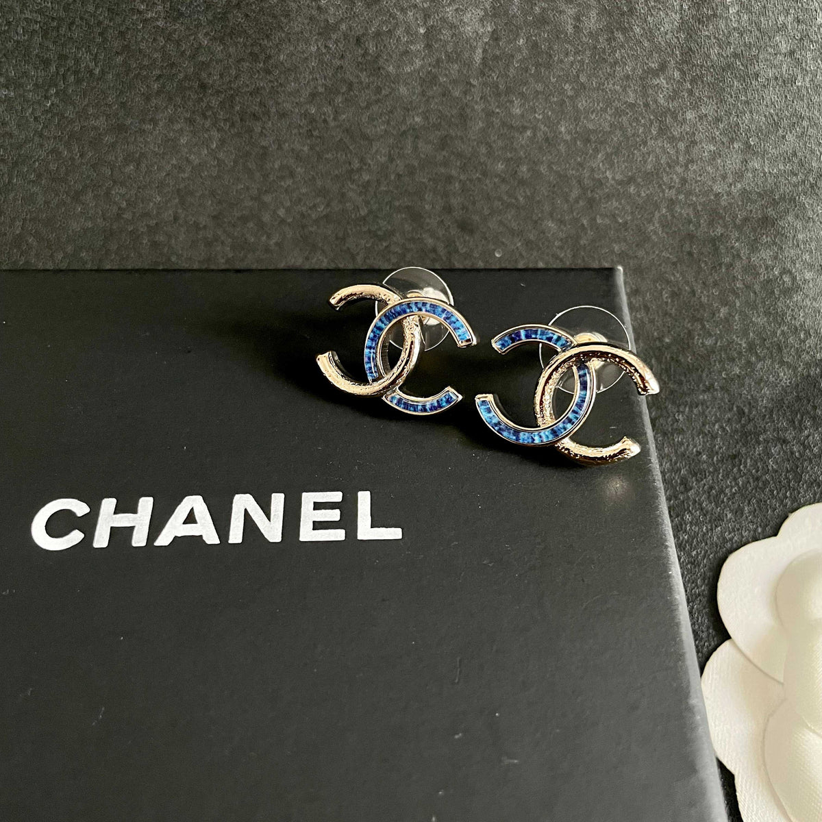 Signature Emblem Stud Earrings in Polished Metal-Tone – Design 074 detail view