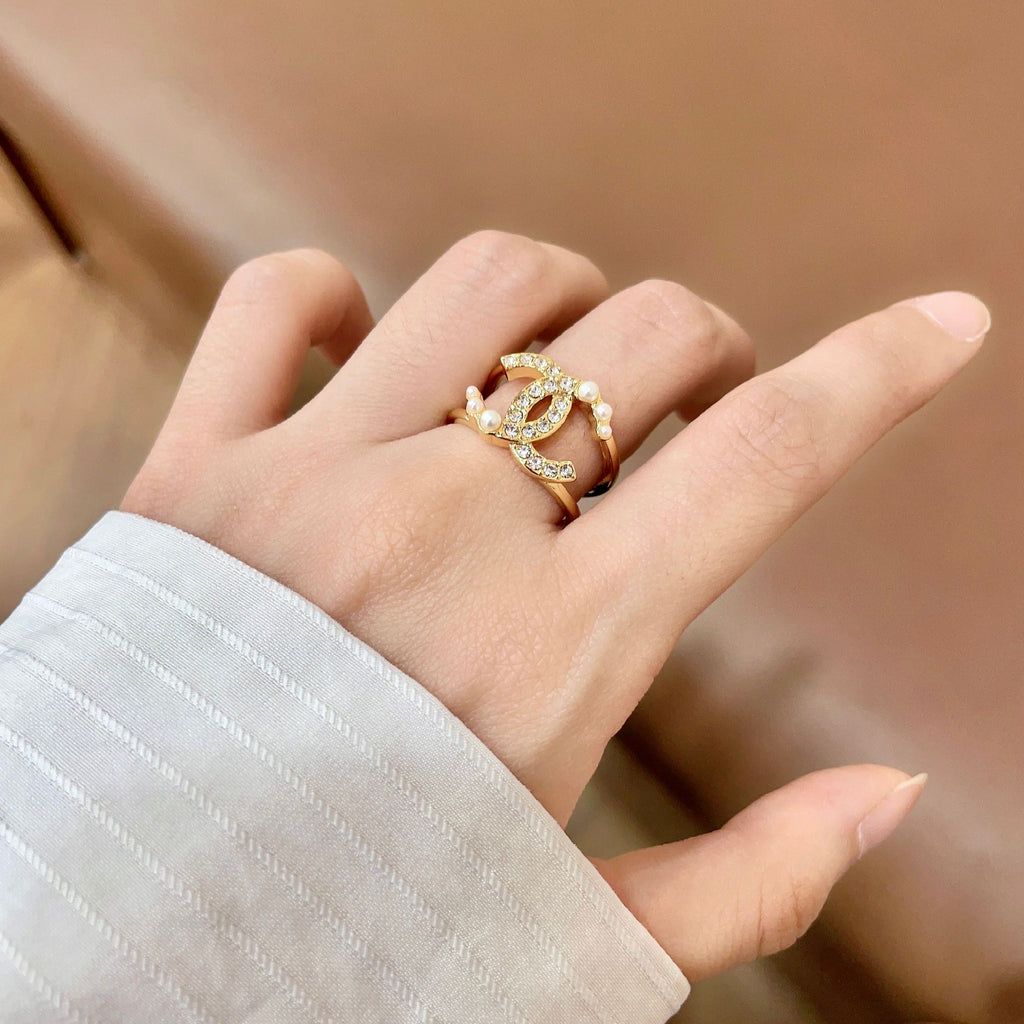 Double-C Emblem Statement Ring in Polished Metal-Tone – White Detail front product view