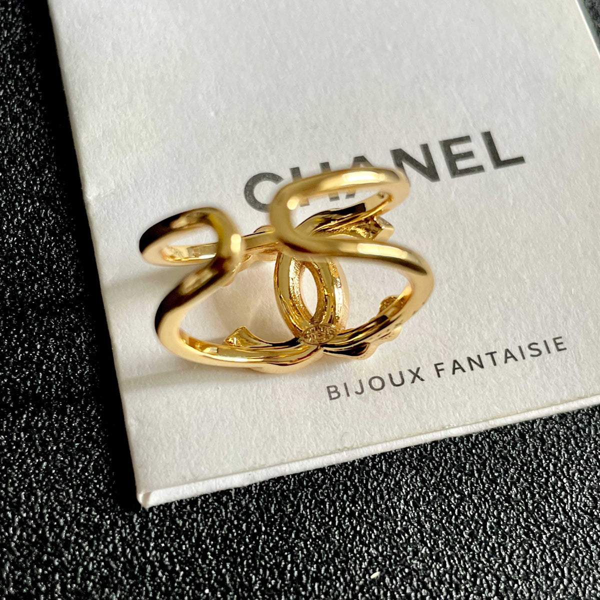 Double-C Emblem Statement Ring in Polished Metal-Tone – White Detail main product view