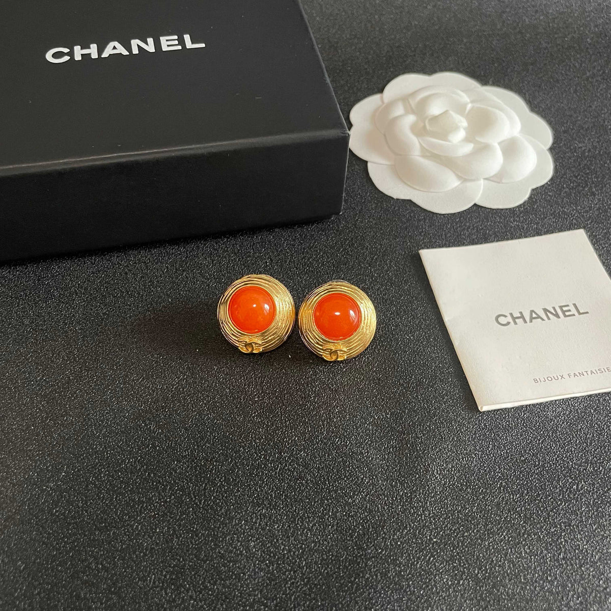 Double-C Emblem Stud Earrings in Polished Metal-Tone – Design 343 styled product view